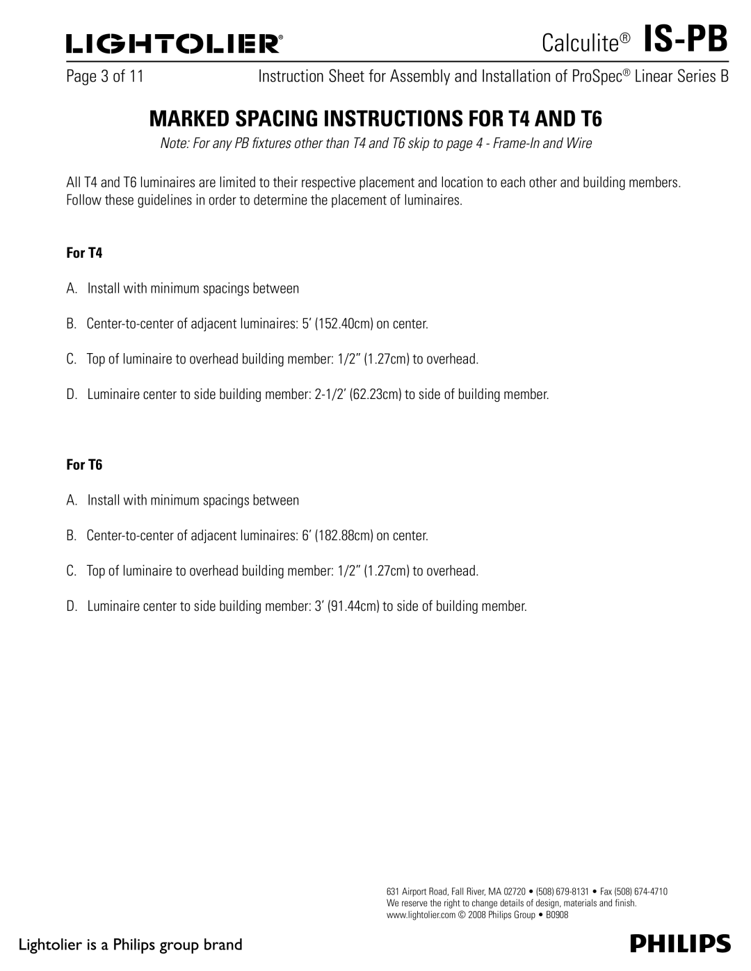 Lightolier PB manual Marked Spacing Instructions for T4 and T6, For T4, OtubmmXjuiNjojnvnTqbdjohtCfuxffo, For T6 