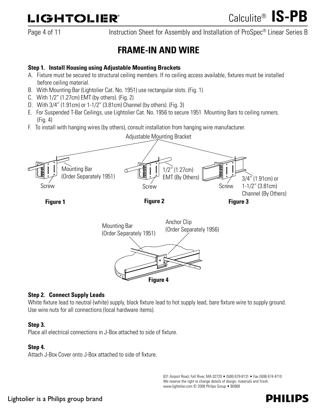 Lightolier PB manual FRAME-IN and Wire, Install Housing using Adjustable Mounting Brackets, Connect Supply Leads, Step 