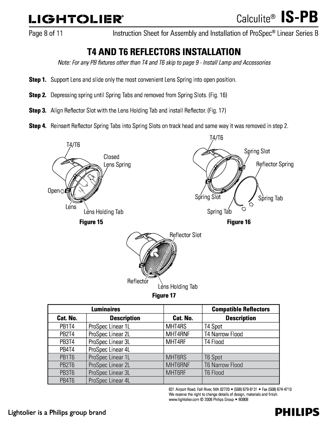 Lightolier PB manual T4 AND T6 REFLECTORS INSTALLATION, Luminaires, Description, Cat. No, $Bmdvmjuf Is-Pb 