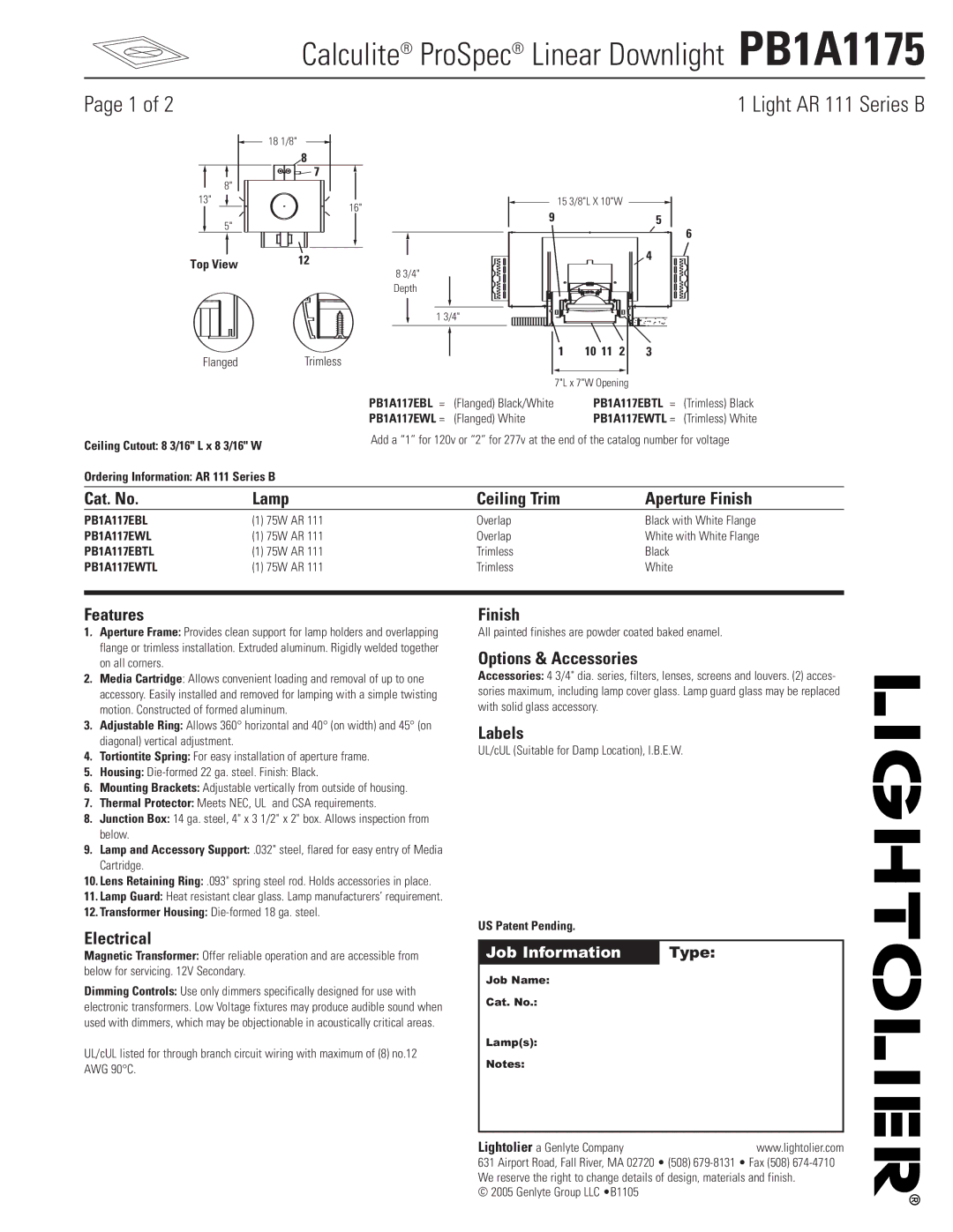 Lightolier PB1A1175 manual Cat. No Lamp Ceiling Trim Aperture Finish, Features, Electrical, Options & Accessories, Labels 