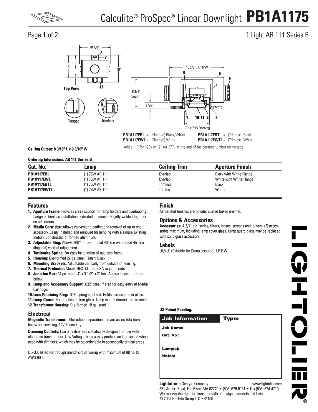Lightolier manual Calculite ProSpec Linear Downlight PB1A1175, Page 1 of, Light AR 111 Series B, Type, Job Information 