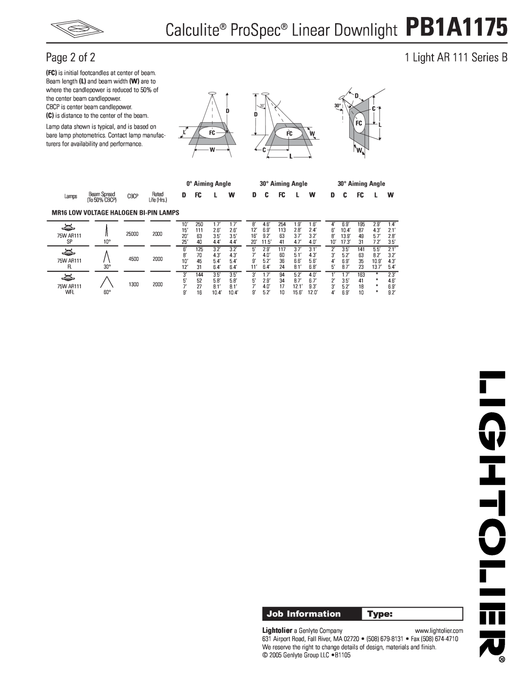 Lightolier manual Page 2 of, Calculite ProSpec Linear Downlight PB1A1175, Light AR 111 Series B, Job Information, Type 
