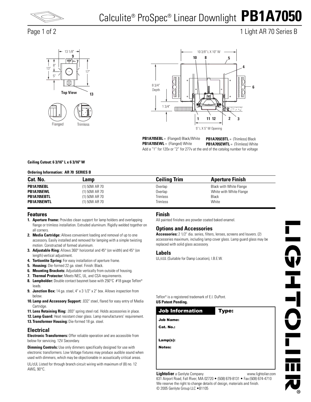 Lightolier PB1A7050 manual Cat. No Lamp Ceiling Trim Aperture Finish, Features, Electrical, Options and Accessories 