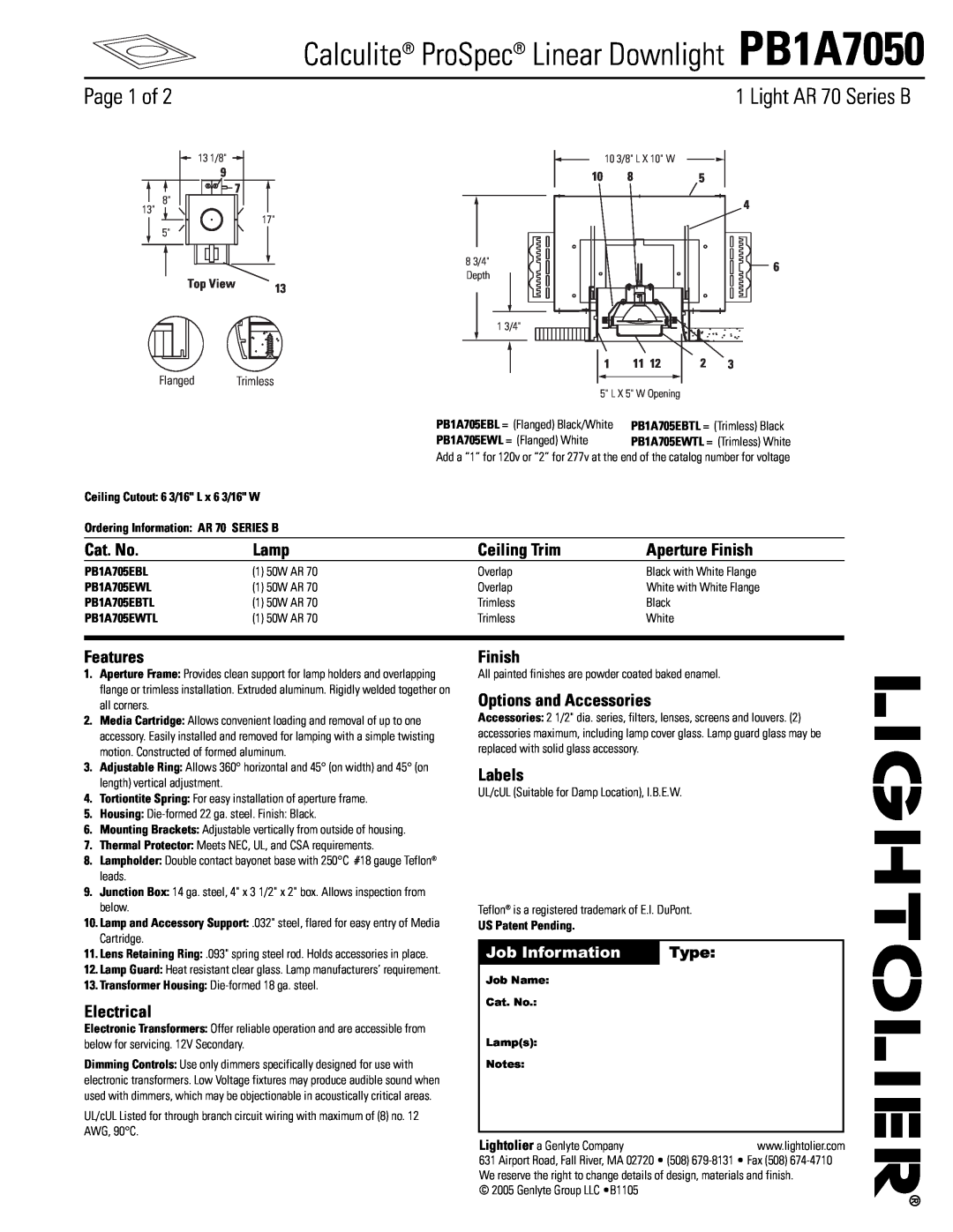 Lightolier manual Calculite ProSpec Linear Downlight PB1A7050, Page 1 of, Light AR 70 Series B, Cat. No, Lamp, Features 