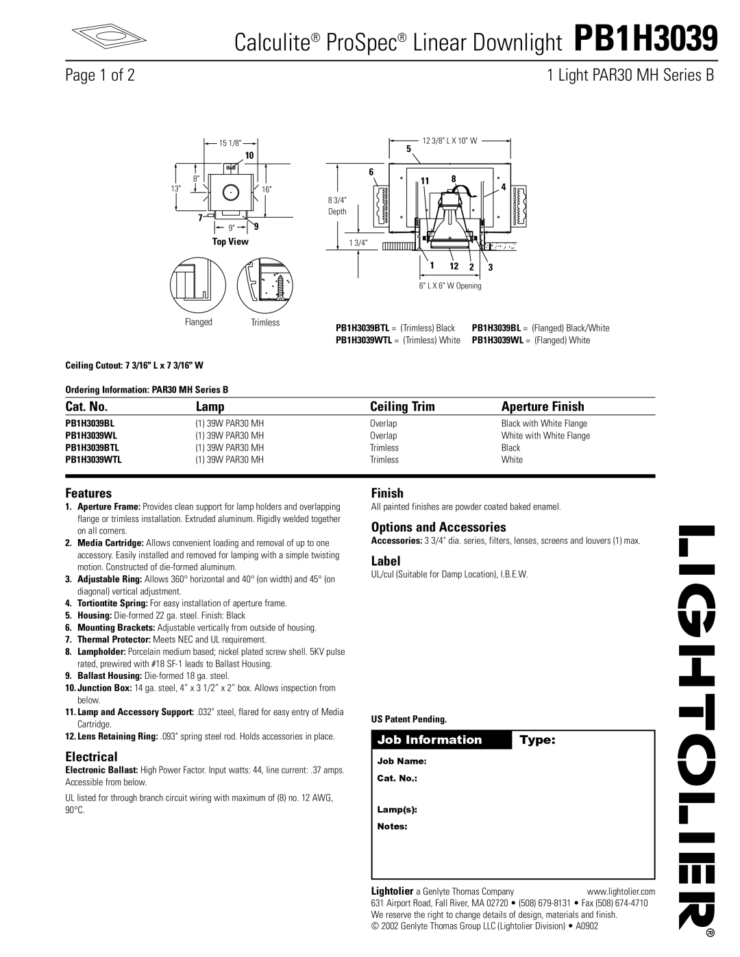 Lightolier PB1H3039 manual Cat. No Lamp, Aperture Finish, Features, Electrical, Options and Accessories, Label 