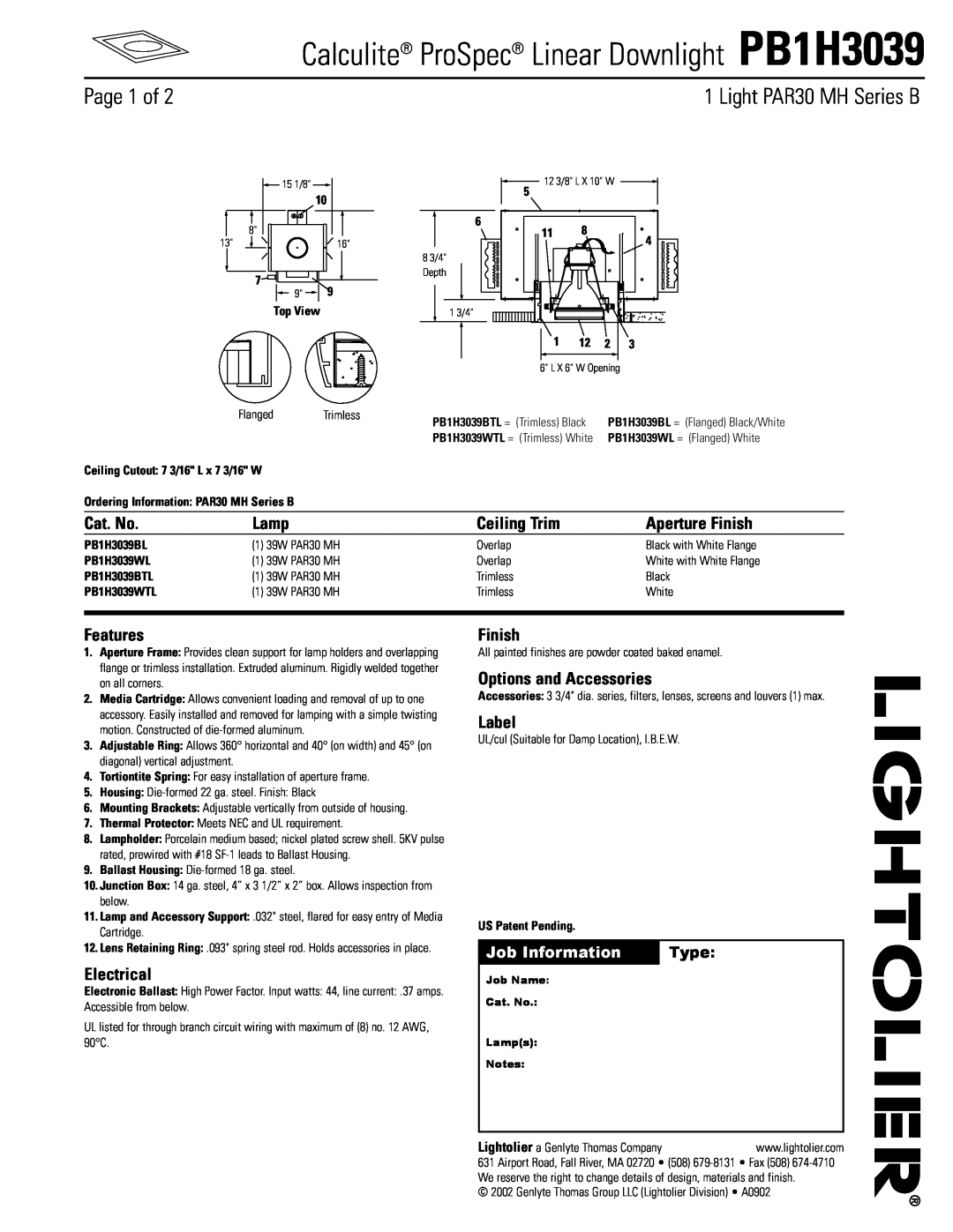 Lightolier PB1H3039 manual Page 1 of, Cat. No, Lamp, Aperture Finish, Features, Electrical, Options and Accessories, Label 
