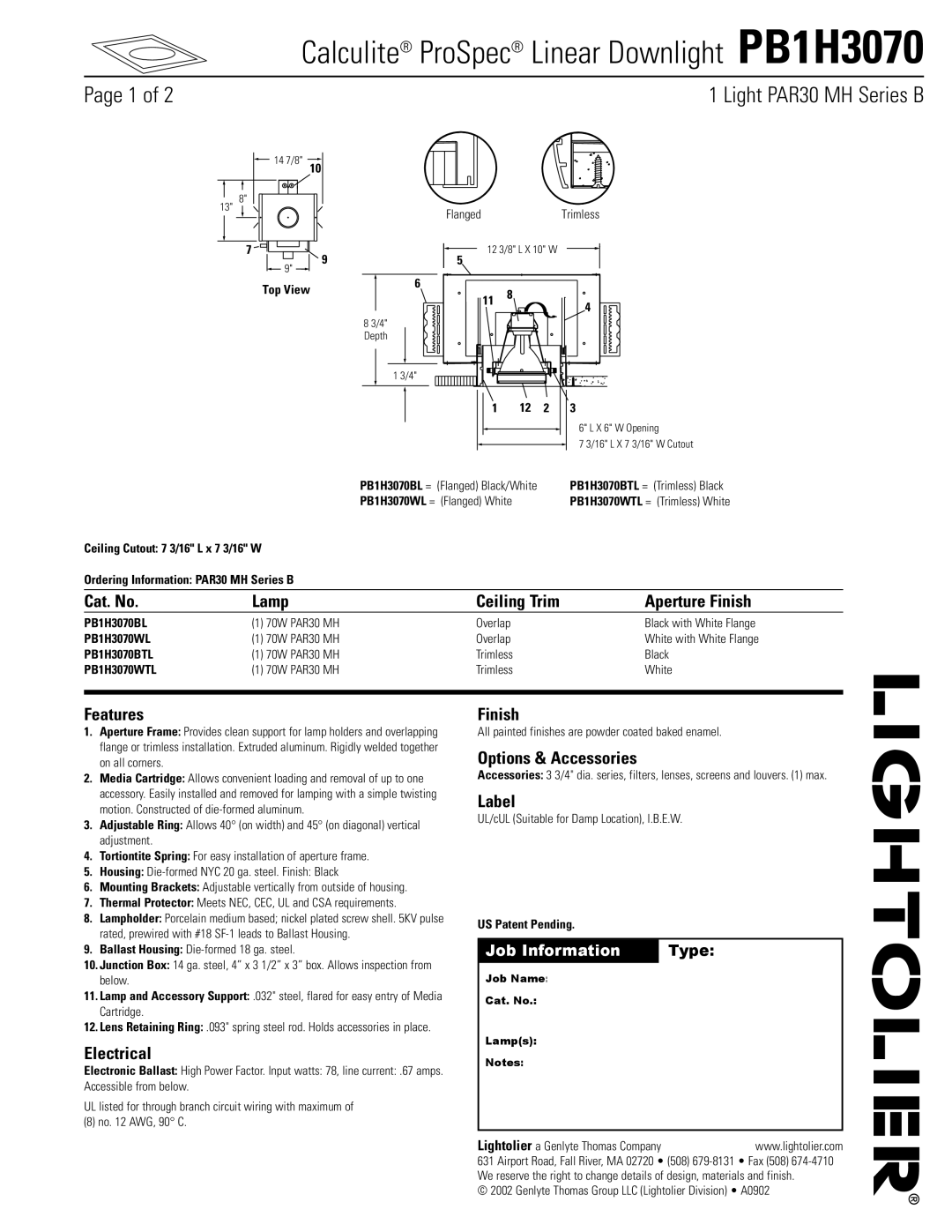 Lightolier PB1H3070 manual Cat. No Lamp Ceiling Trim Aperture Finish, Features, Electrical, Options & Accessories, Label 