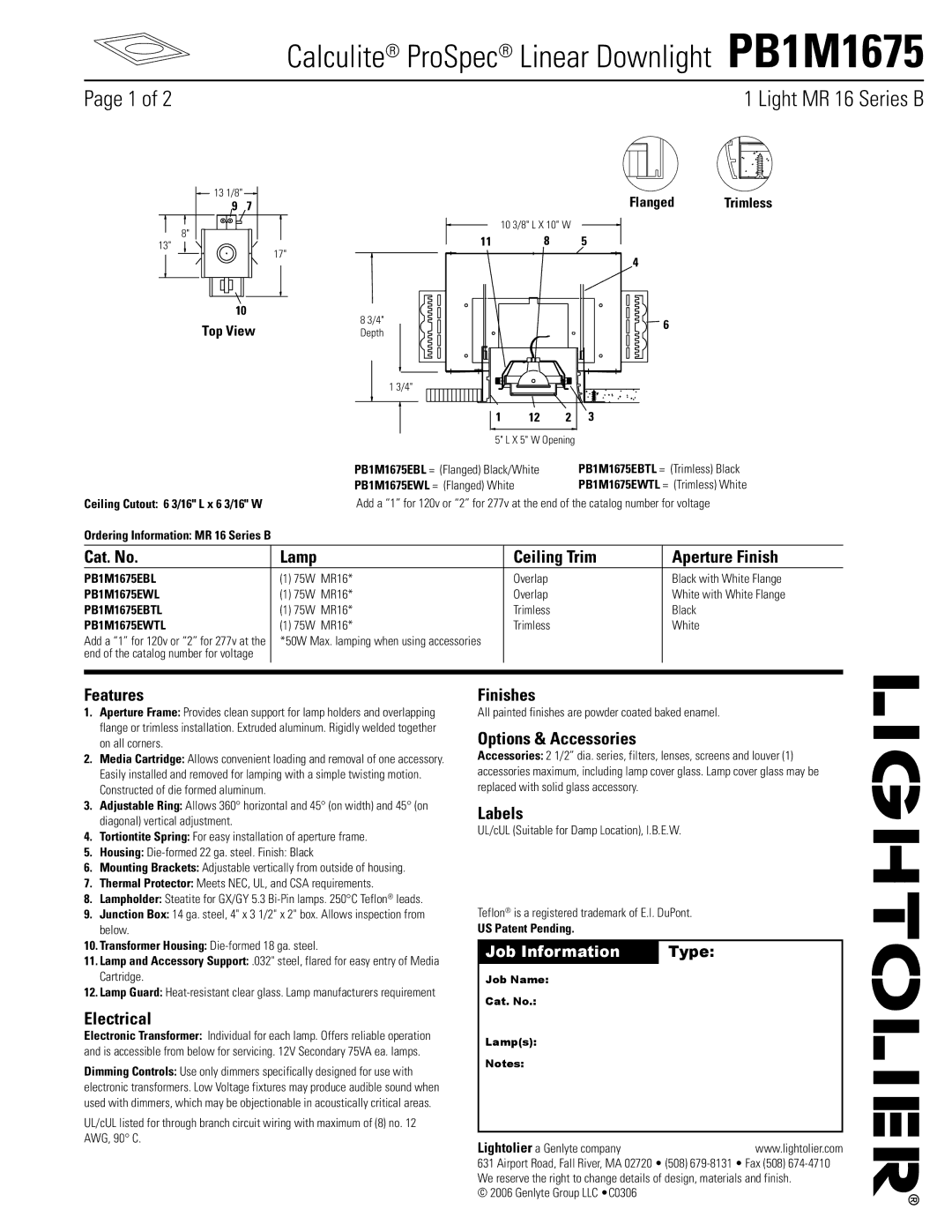 Lightolier PB1M1675 manual Light MR03/0216 Series B 