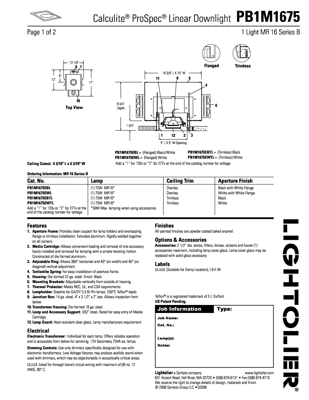Lightolier manual Calculite ProSpec Linear Downlight PB1M1675, Page 1 of, Light MR03/0216 Series B, Cat. No, Lamp, Type 