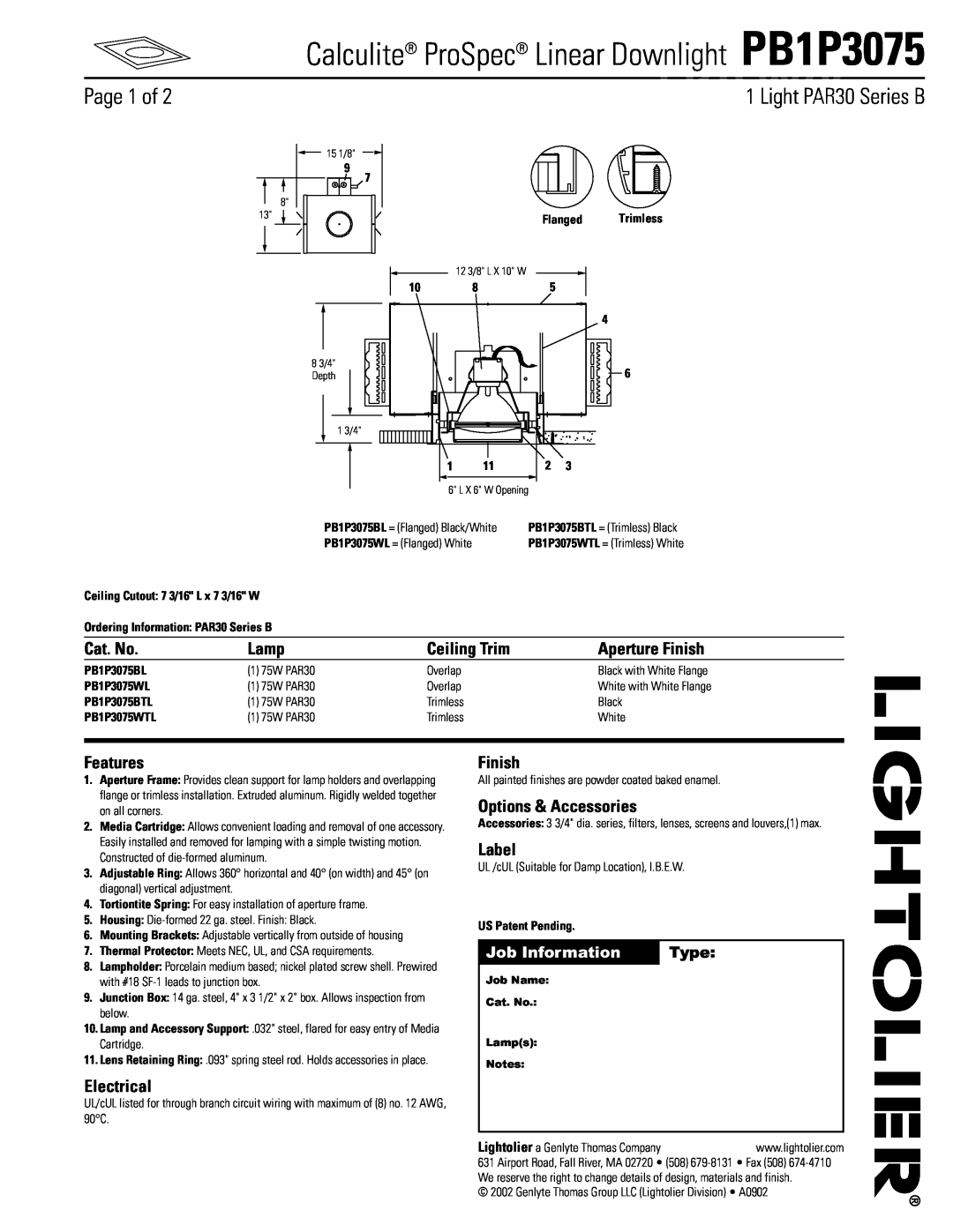 Lightolier manual Calculite ProSpec Linear Downlight PB1P3075, Light PAR3003/02 Series B, Page 1 of, Cat. No, Lamp 
