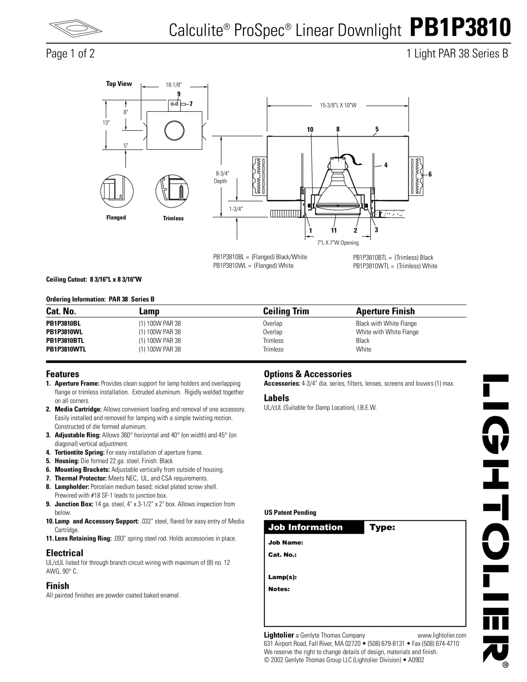 Lightolier PB1P3810 manual Light PAR 38 Series B, Cat. No Lamp, Aperture Finish, Features, Electrical, Labels 