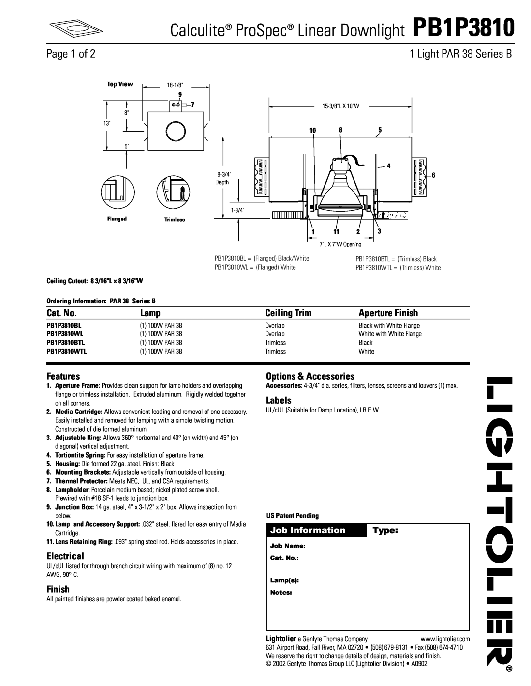 Lightolier manual Calculite ProSpec Linear Downlight PB1P3810 