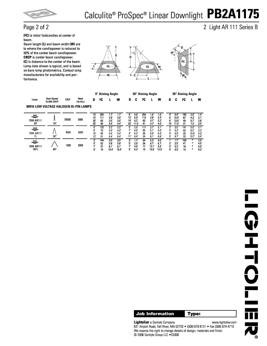 Lightolier manual Page 2 of, Light AR 111 Series B, Calculite ProSpec Linear Downlight PB2A1175, Job Information, Type 