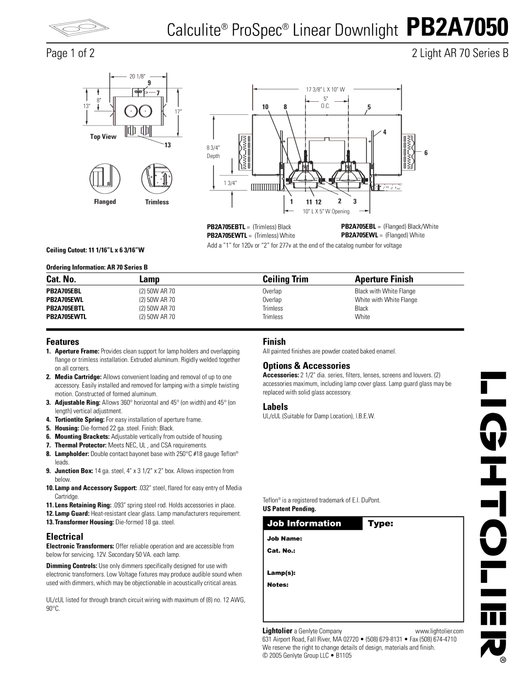 Lightolier PB2A7050 manual Cat. No Lamp Ceiling Trim Aperture Finish, Features, Electrical, Options & Accessories, Labels 