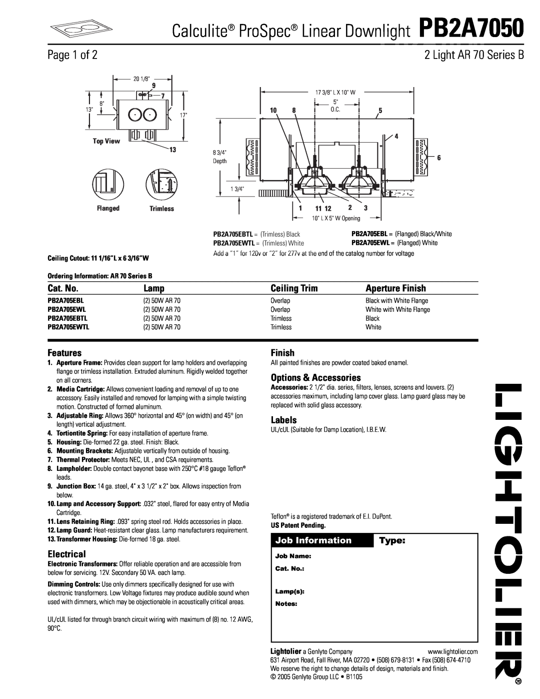 Lightolier manual Calculite ProSpec Linear Downlight PB2A7050, Page 1 of, Light AR 70 Series B, Cat. No, Lamp, Features 