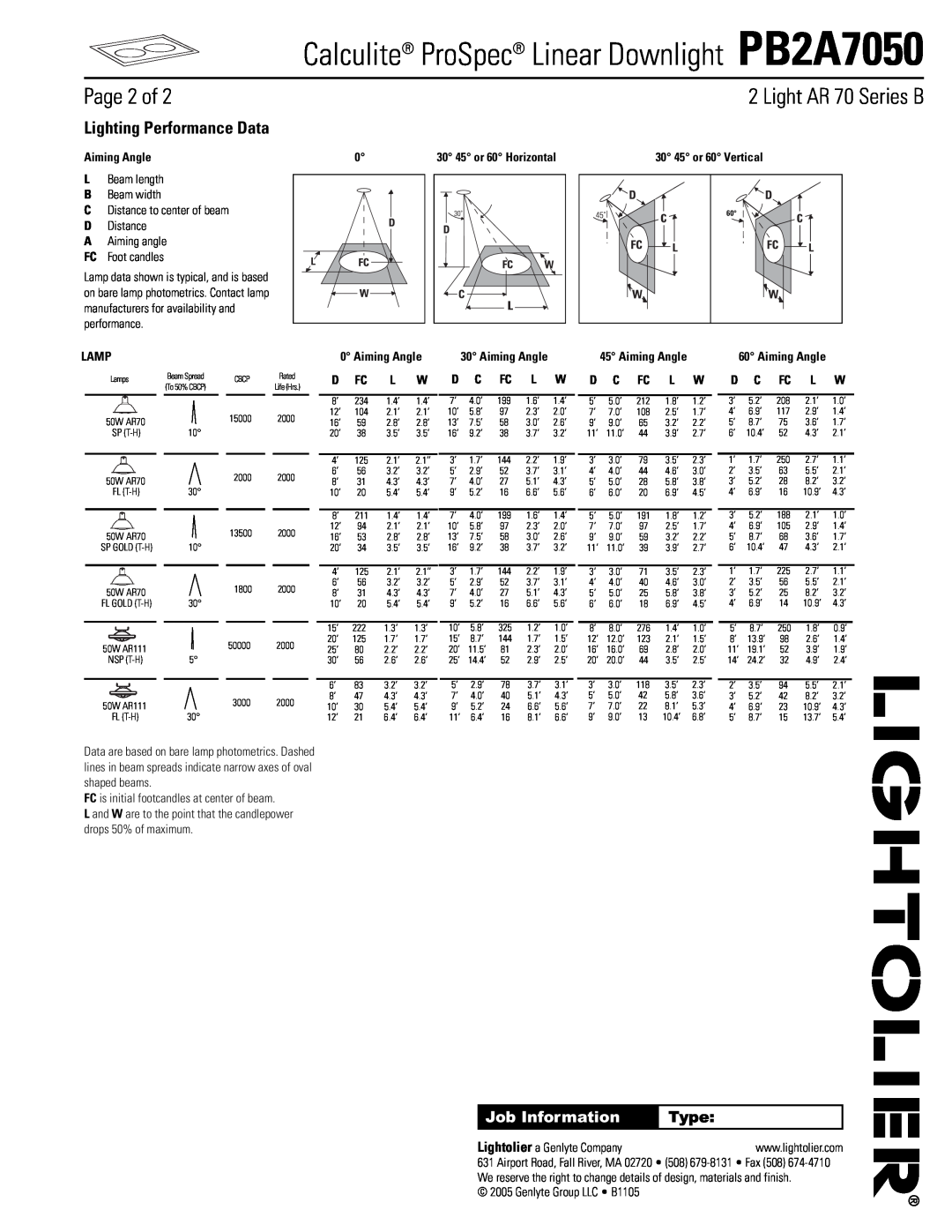 Lightolier PB2A7050 Page 2 of, Lighting Performance Data, Aiming Angle, 30 45 or 60 Vertical, Lamp, D Fc, D C Fc L W, Type 
