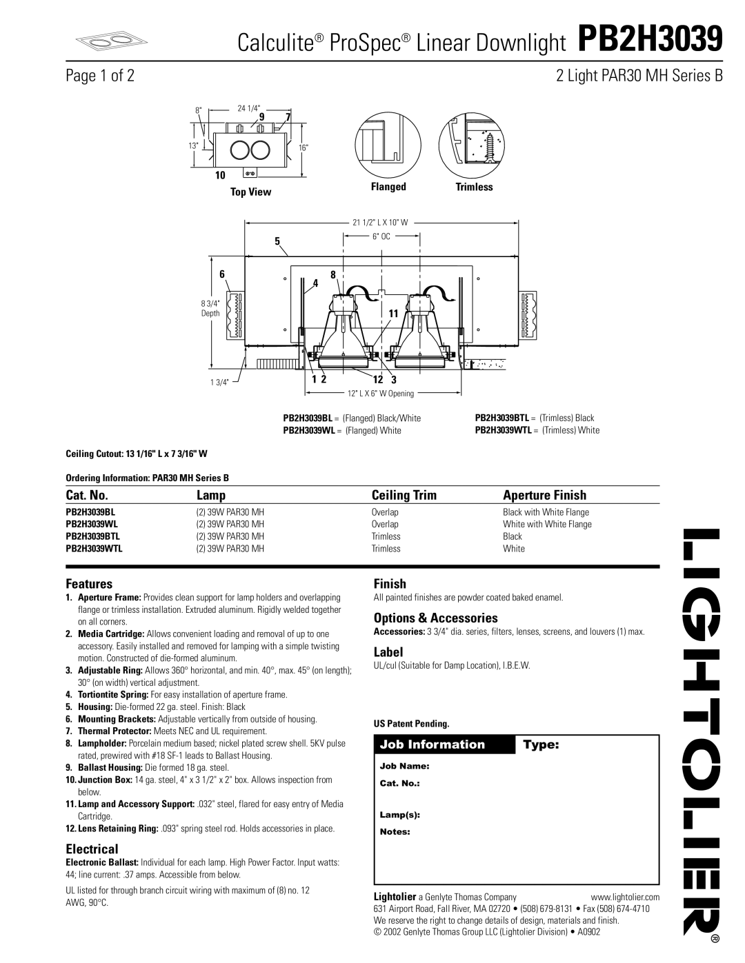 Lightolier PB2H3039 manual Cat. No Lamp Ceiling Trim Aperture Finish, Features, Electrical, Options & Accessories, Label 