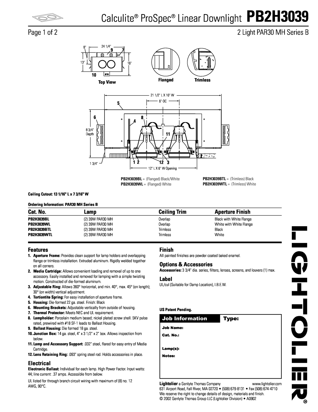 Lightolier manual Calculite ProSpec Linear Downlight PB2H3039, Page 1 of, Cat. No, Lamp, Ceiling Trim, Aperture Finish 
