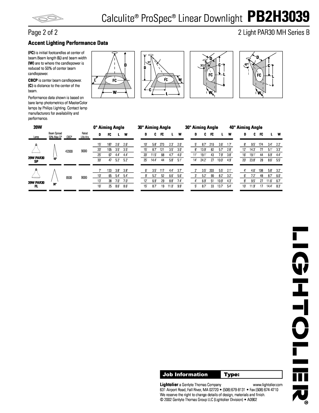 Lightolier Page 2 of, Accent Lighting Performance Data, Aiming Angle, Calculite ProSpec Linear Downlight PB2H3039, Type 