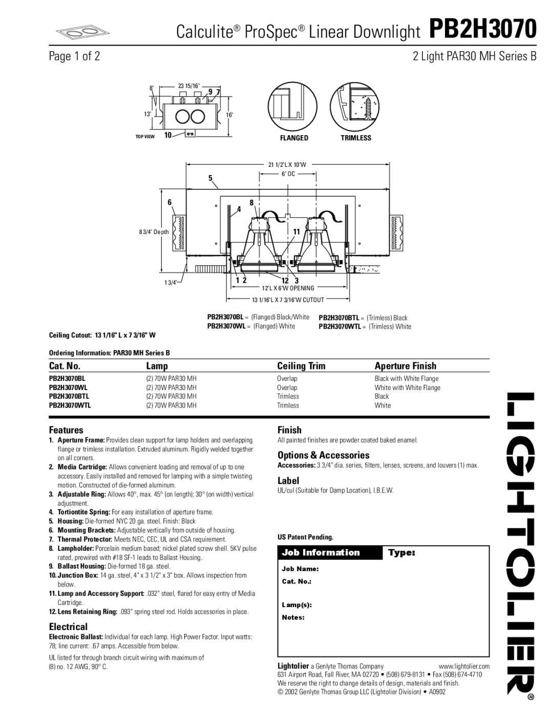 Lightolier PB2H3070 manual Cat. No Lamp Ceiling Trim Aperture Finish, Features, Electrical, Options & Accessories, Label 