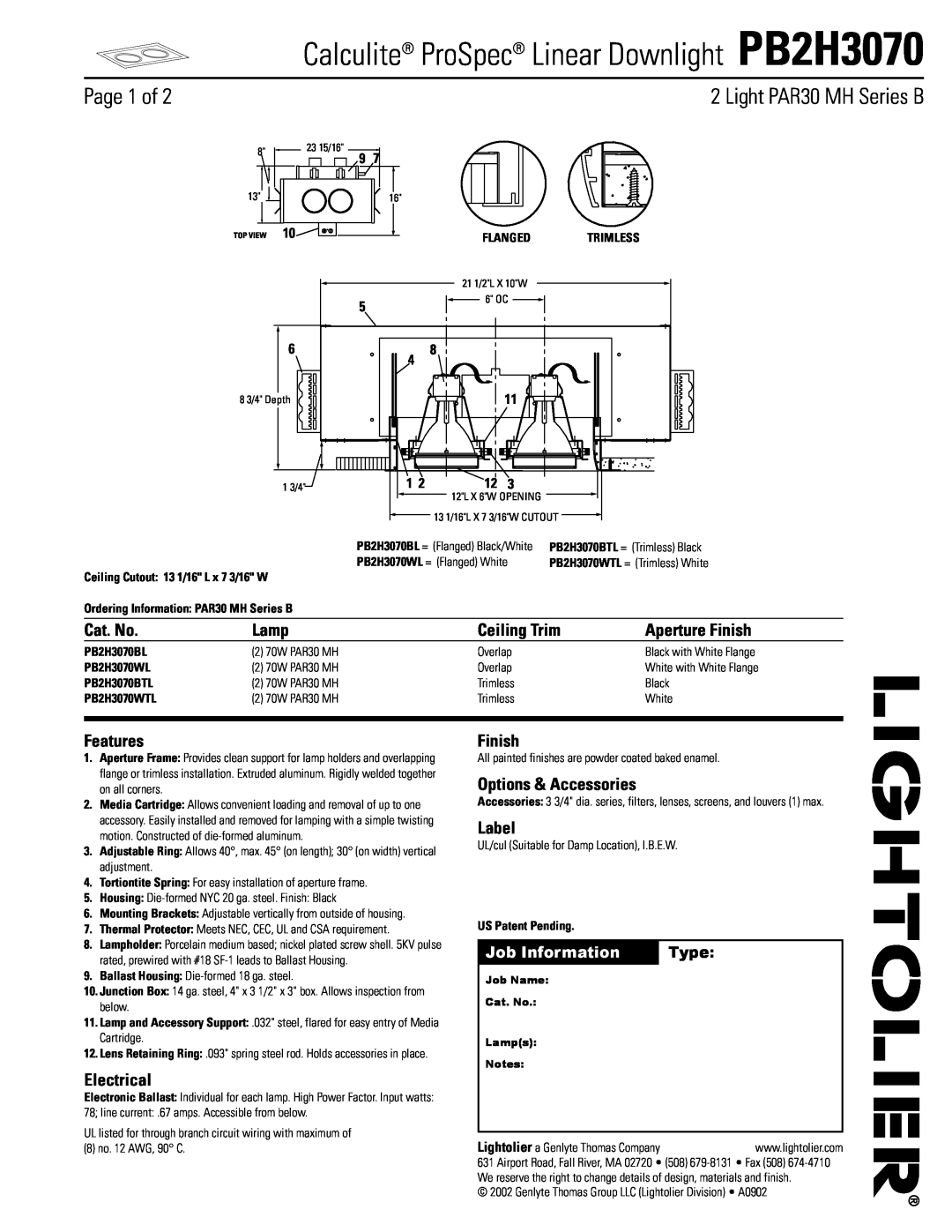 Lightolier PB2H3070 manual Page 1 of, Light PAR30 MH Series B, Cat. No, Lamp, Ceiling Trim, Aperture Finish, Features 