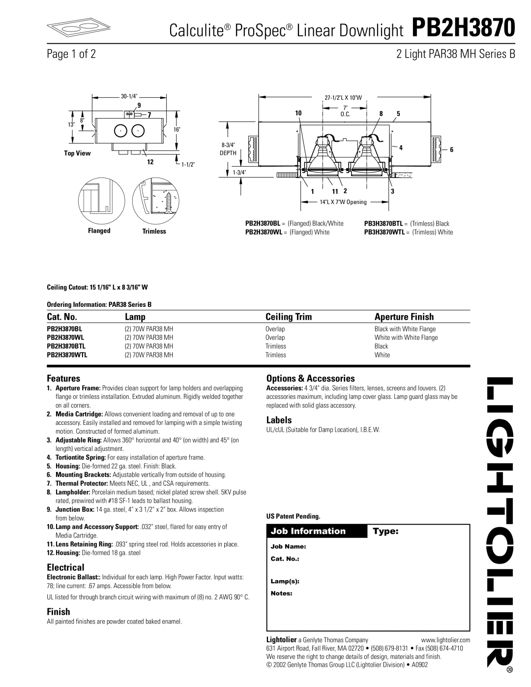 Lightolier PB2H3870 manual Cat. No Lamp Ceiling Trim Aperture Finish, Features, Electrical, Options & Accessories, Labels 