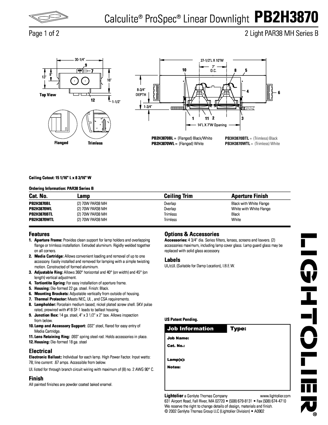 Lightolier PB2H3870 manual Page 1 of, Light PAR38 MH Series B, Cat. No, Lamp, Ceiling Trim, Aperture Finish, Features 