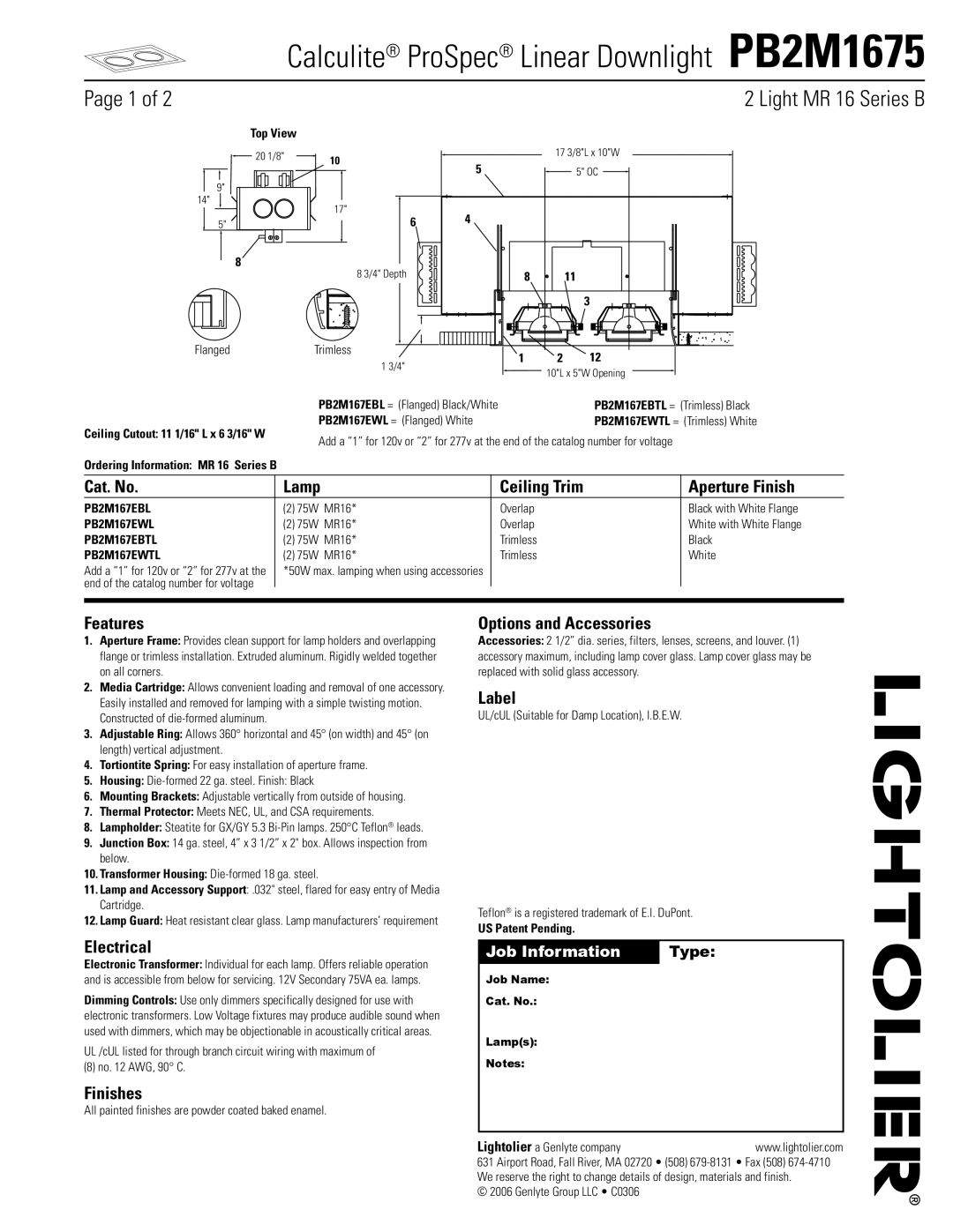 Lightolier PB2M1675 manual Cat. No Lamp Ceiling Trim Aperture Finish, Features, Electrical, Finishes, Label 