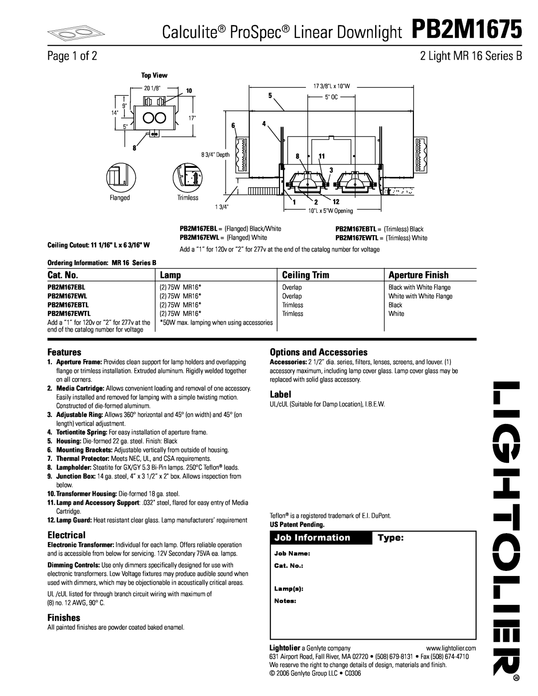 Lightolier manual Calculite ProSpec Linear Downlight PB2M1675, Page 1 of, Cat. No, Lamp, Ceiling Trim, Aperture Finish 
