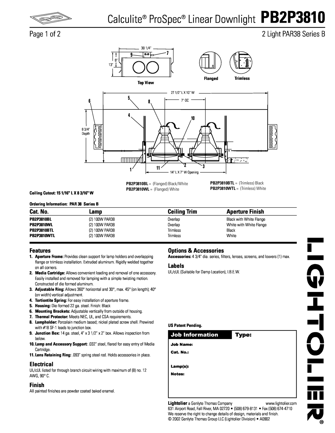 Lightolier manual Calculite ProSpec Linear Downlight PB2P3810, Page 1 of, Light PAR38 Series B, Cat. No, Lamp, Features 