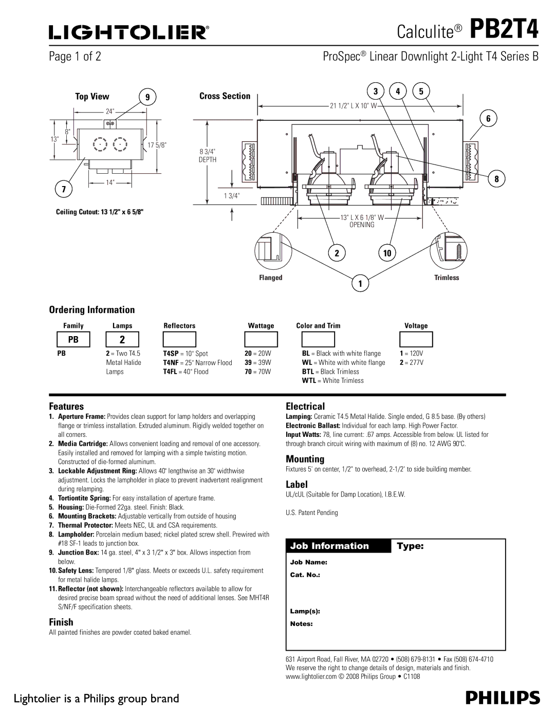 Lightolier PB2T4 manual Ordering Information, Features, Finish, Electrical, Mounting, Label 