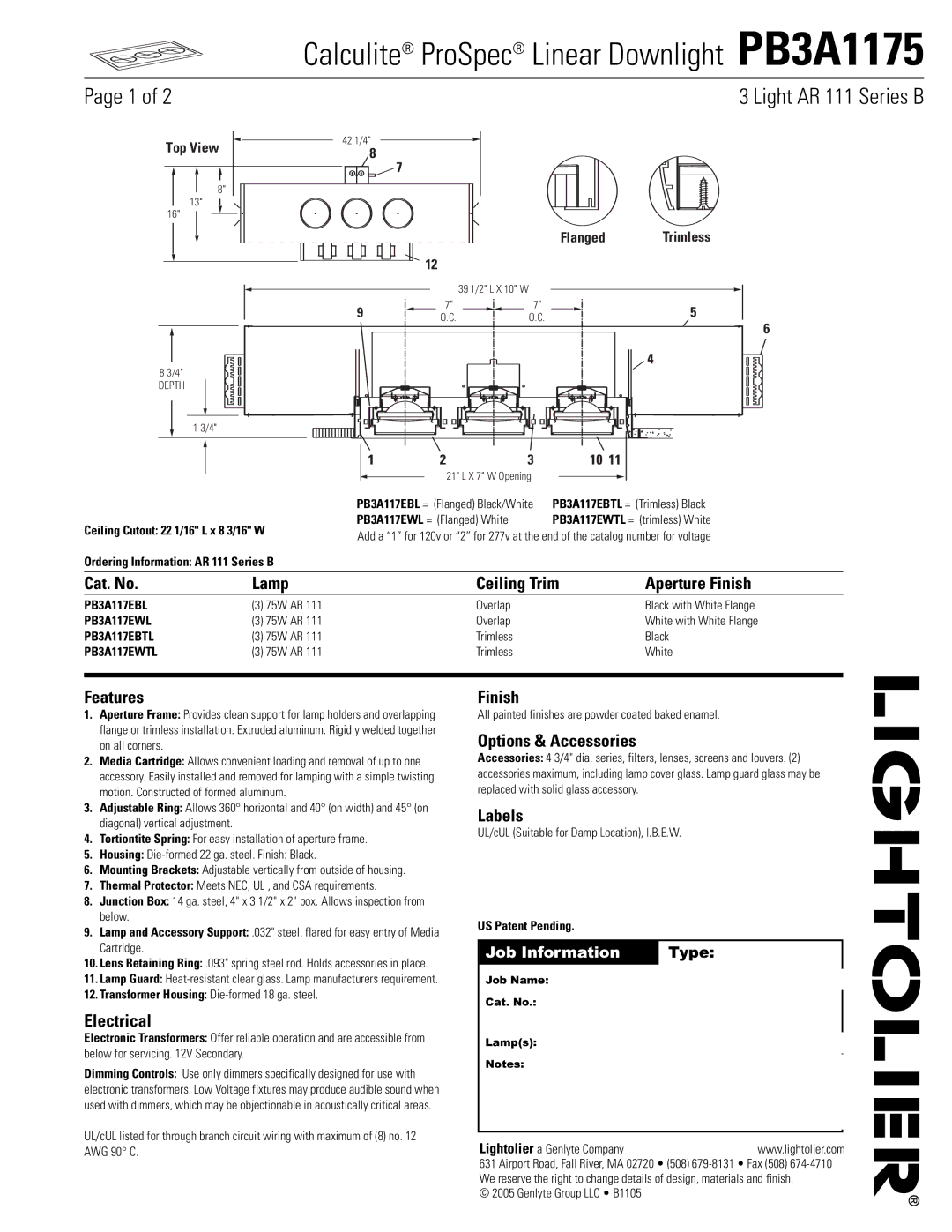 Lightolier PB3A1175 manual Cat. No Lamp Ceiling Trim Aperture Finish, Features, Electrical, Options & Accessories, Labels 