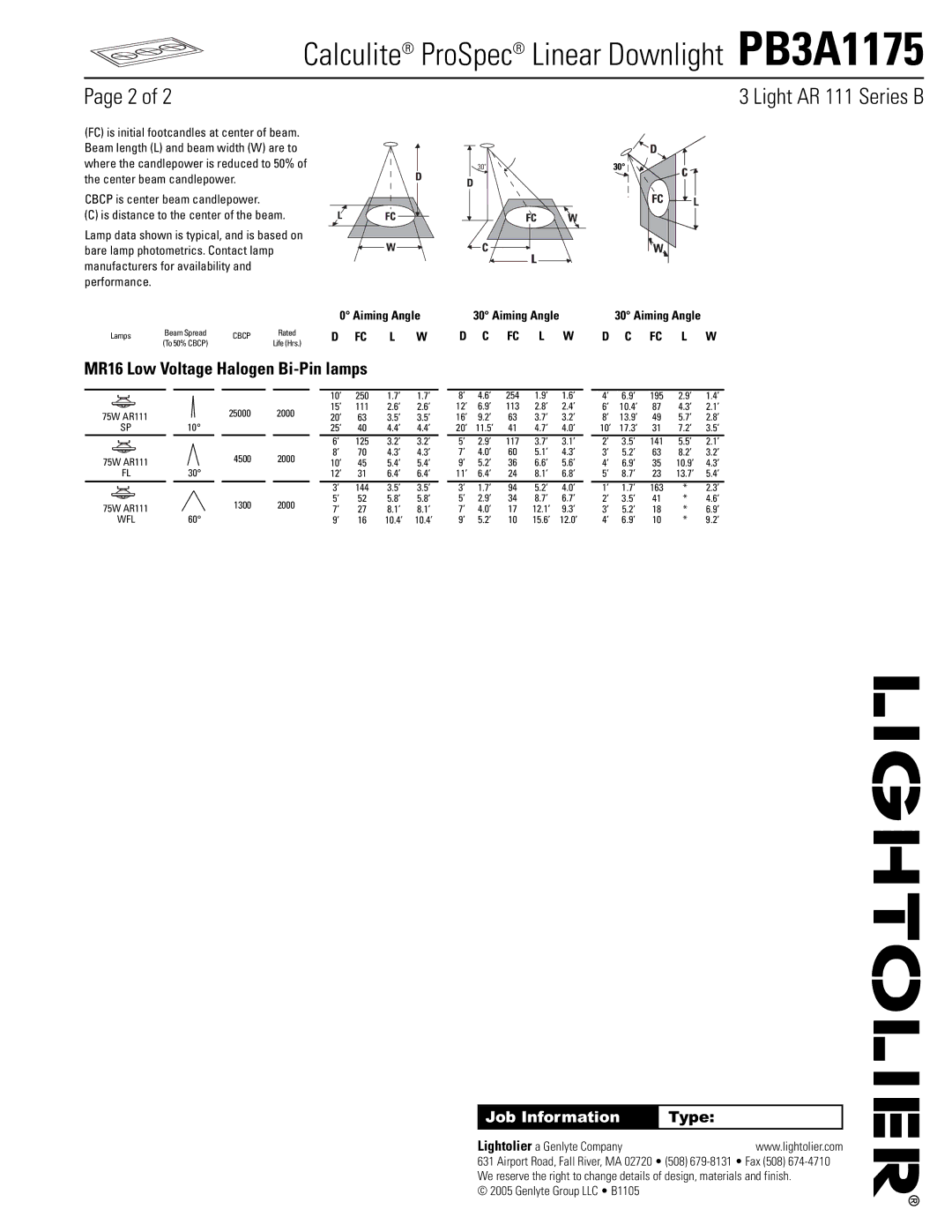 Lightolier PB3A1175 manual Light AR 111 Series B, MR16 Low Voltage Halogen Bi-Pin lamps 