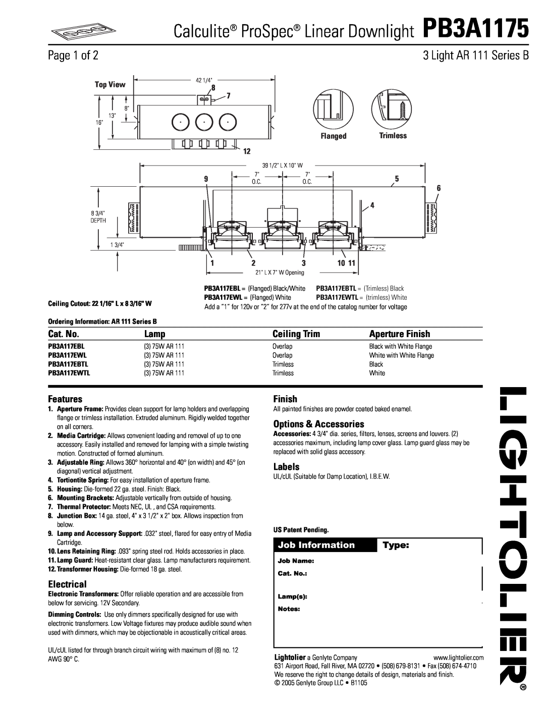 Lightolier manual Calculite ProSpec Linear Downlight PB3A1175, Page 1 of, Cat. No, Lamp, Ceiling Trim, Aperture Finish 