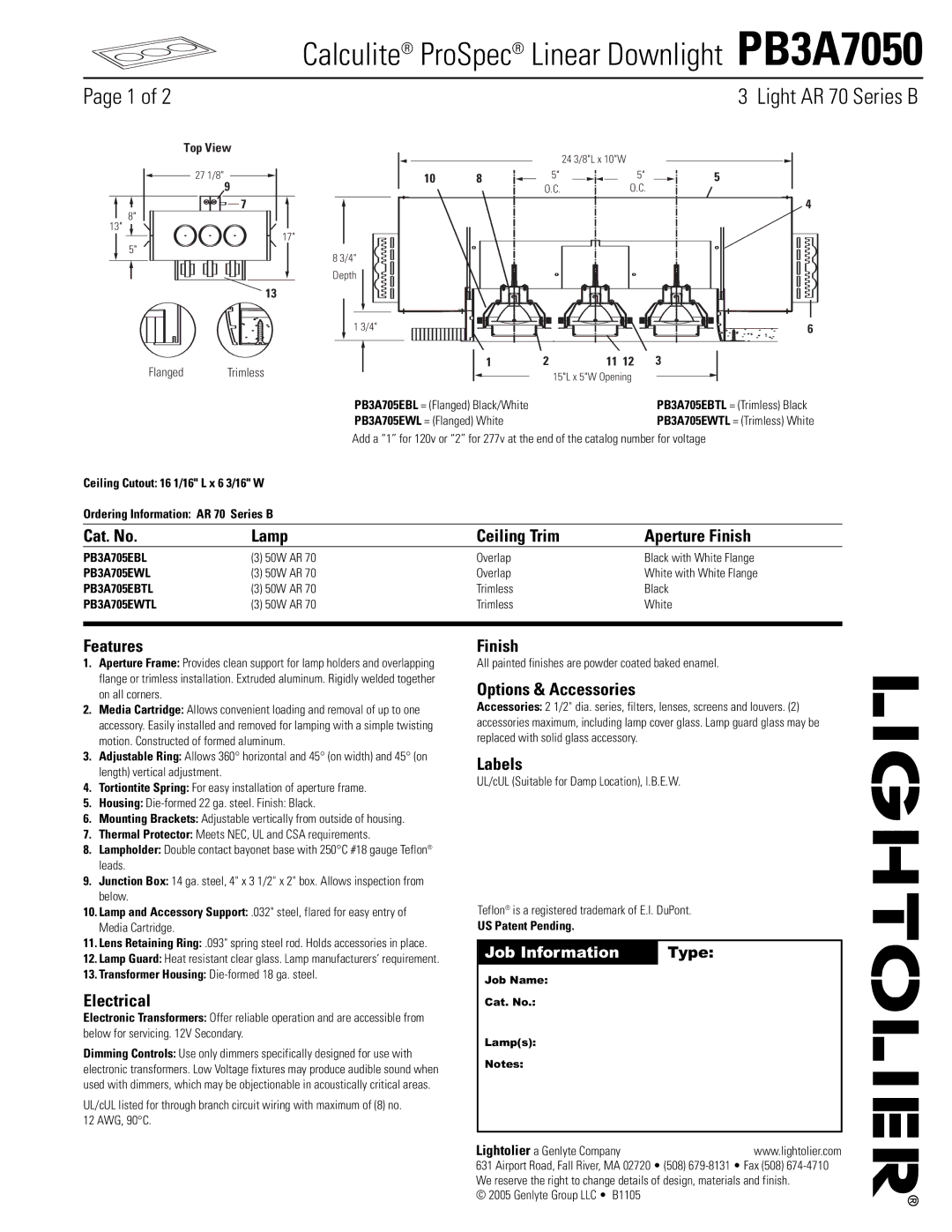 Lightolier PB3A7050 manual Cat. No Lamp Ceiling Trim Aperture Finish, Features, Electrical, Options & Accessories, Labels 