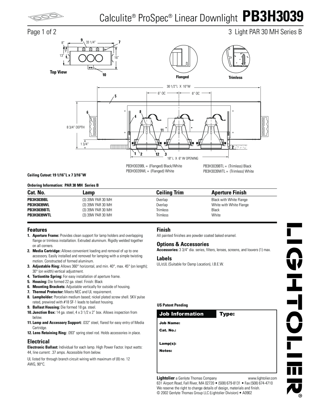 Lightolier PB3H3039 manual Page 1 of, Light PAR 30 MH Series B, Cat. No, Lamp, Ceiling Trim, Aperture Finish, Features 