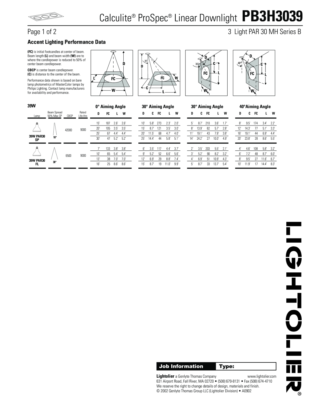 Lightolier Accent Lighting Performance Data, 40Aiming Angle, Calculite ProSpec Linear Downlight PB3H3039, Page 1 of 