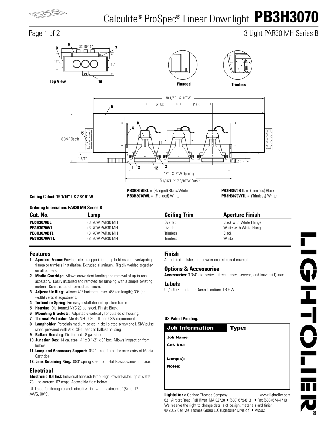 Lightolier PB3H3070 manual Cat. No Lamp Ceiling Trim Aperture Finish, Features, Electrical, Options & Accessories, Labels 