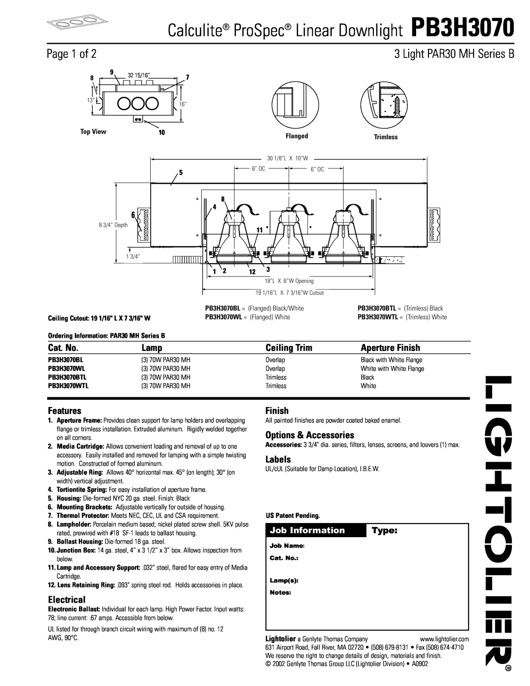 Lightolier PB3H3070 manual Page 1 of, Light PAR30 MH Series B, Cat. No, Lamp, Ceiling Trim, Aperture Finish, Features 