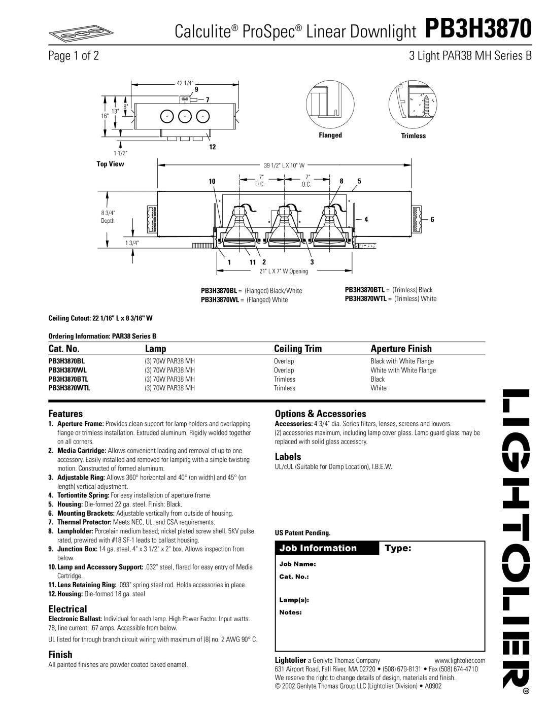 Lightolier PB3H3870 manual Cat. No Lamp Ceiling Trim Aperture Finish, Features, Electrical, Options & Accessories, Labels 