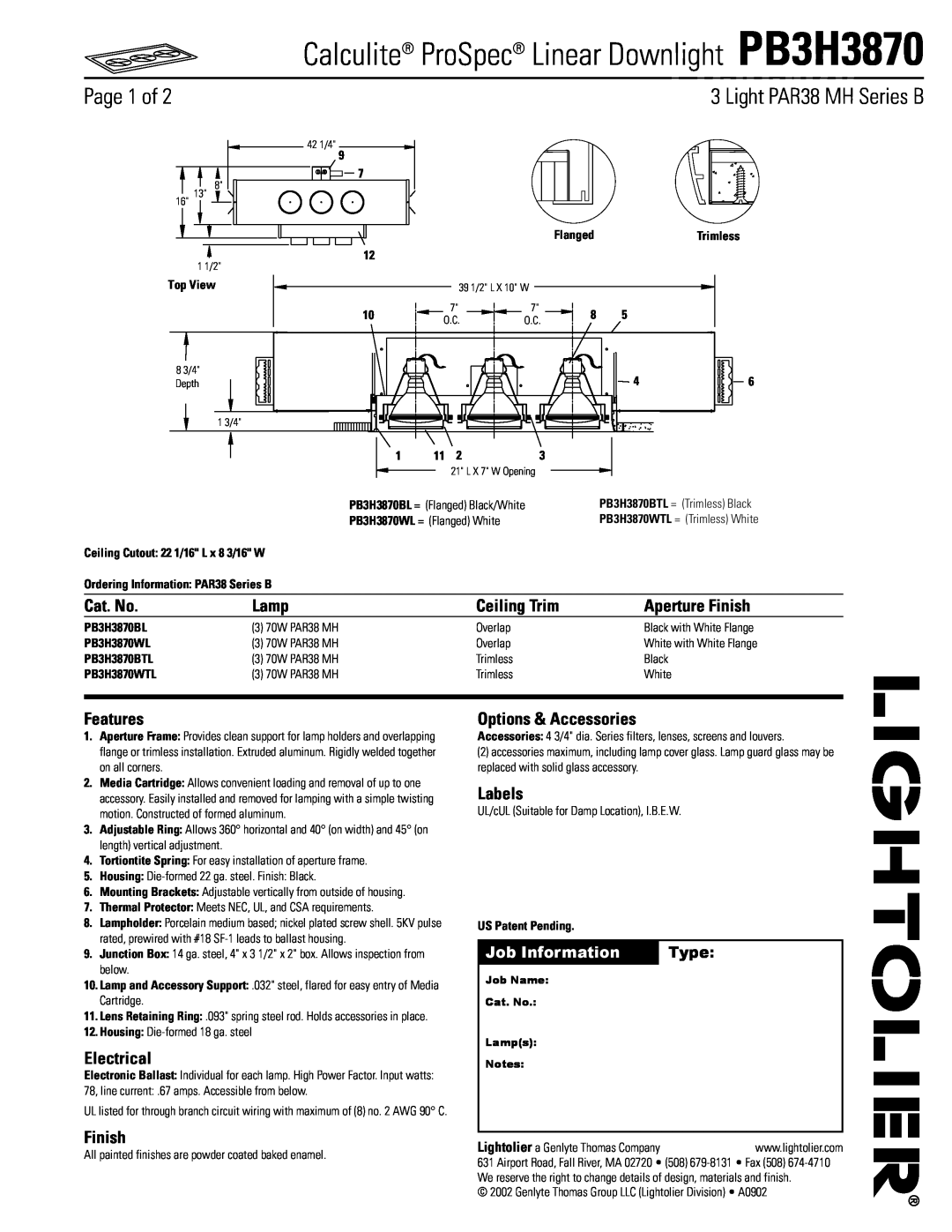 Lightolier PB3H3870 manual Page 1 of 23 Light PAR38 MH Series B, Cat. No, Lamp, Ceiling Trim, Aperture Finish, Features 