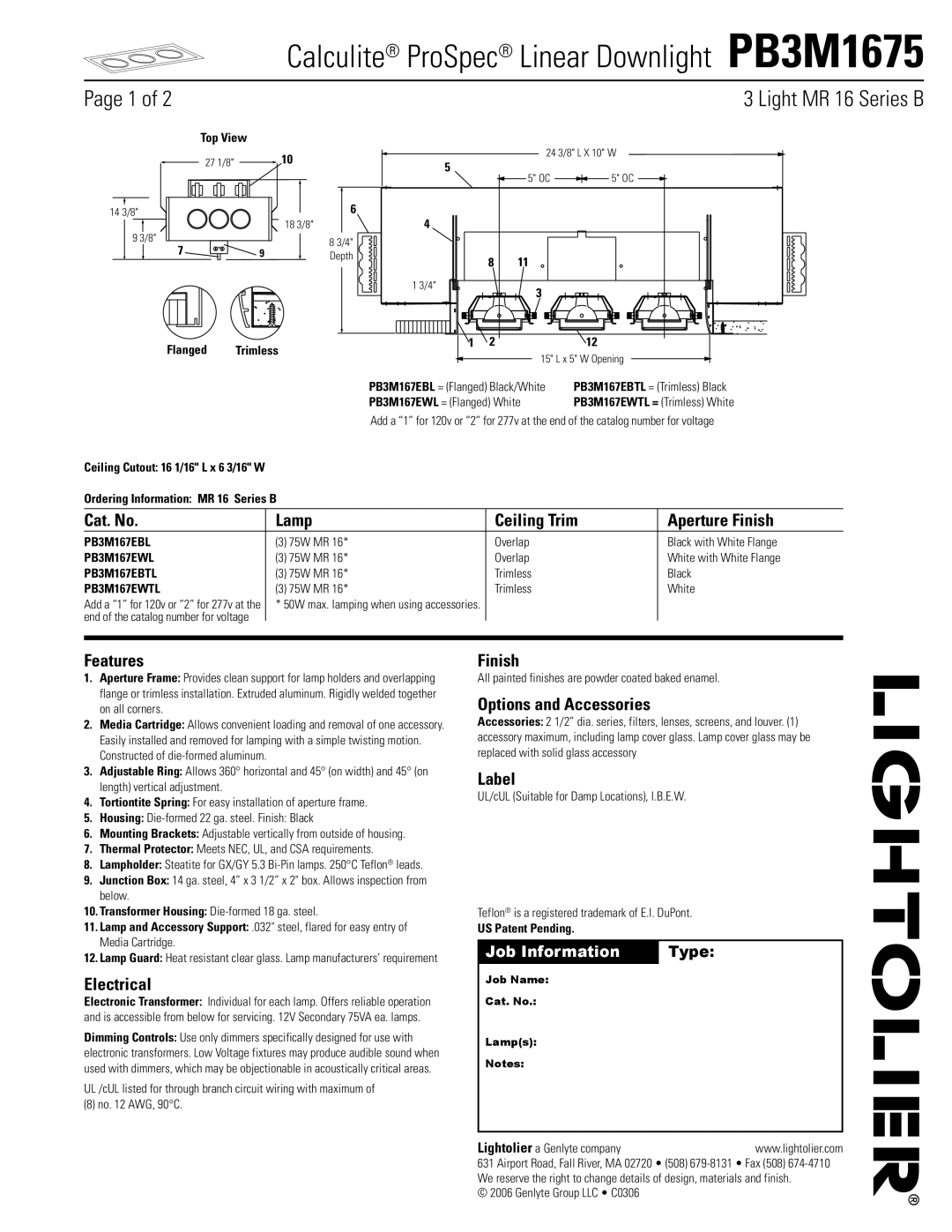 Lightolier PB3M1675 manual Cat. No Lamp Ceiling Trim Aperture Finish, Features, Electrical, Options and Accessories, Label 