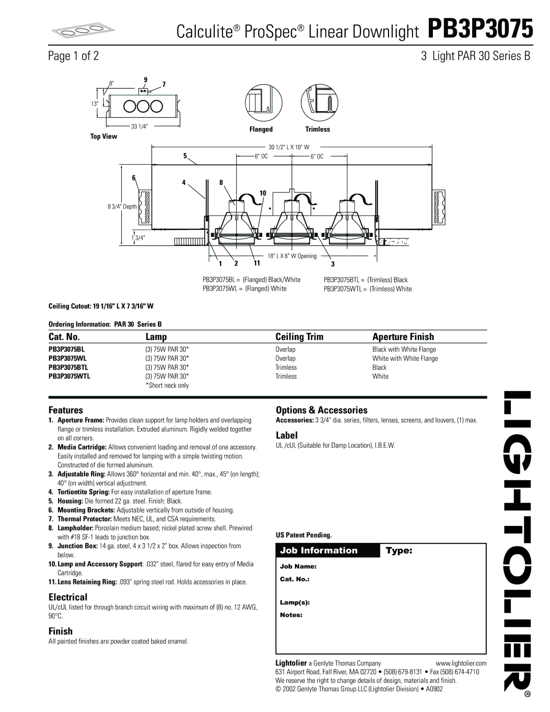 Lightolier manual Calculite ProSpec Linear Downlight PB3P3075 