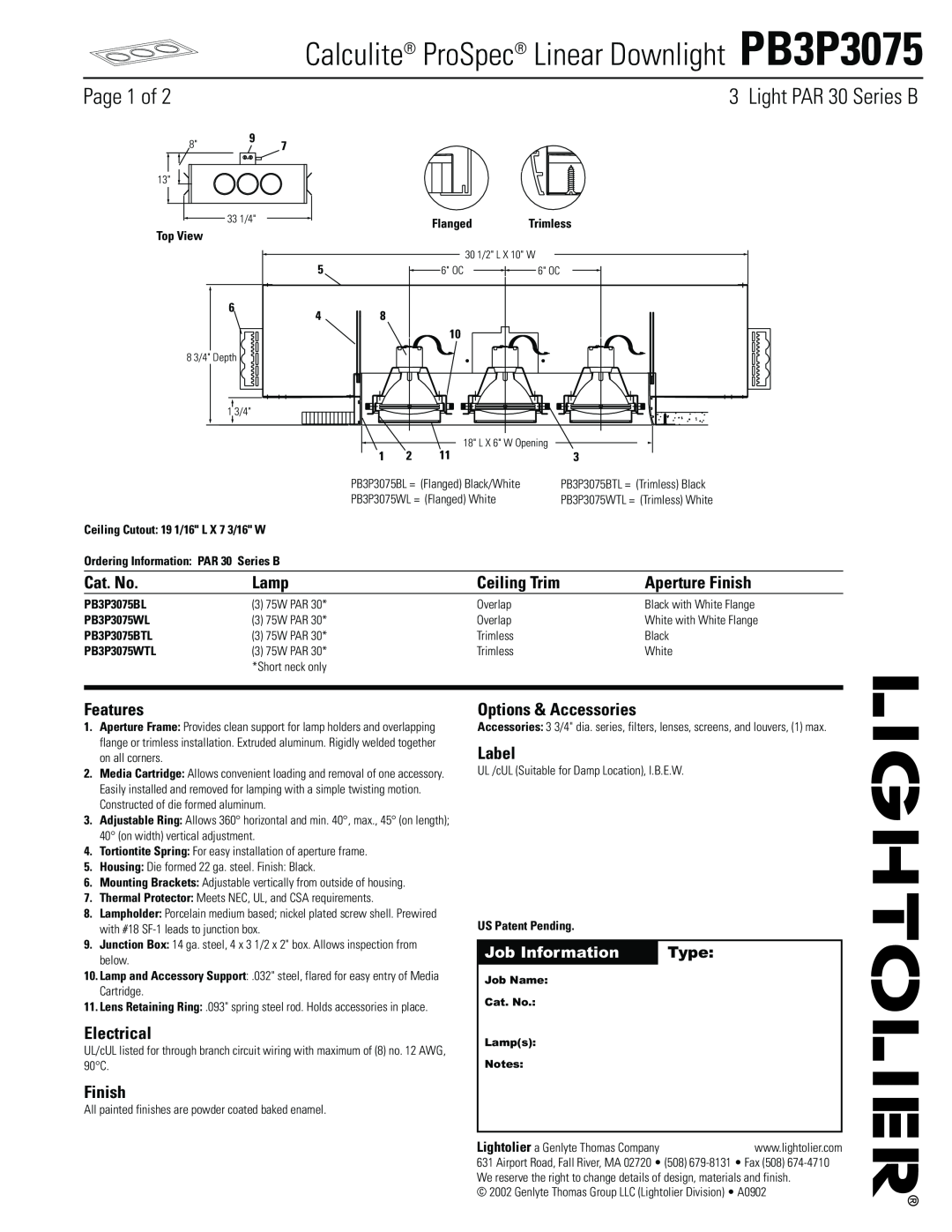 Lightolier manual Calculite ProSpec Linear Downlight PB3P3075, Page 1 of, Light PAR 30 Series B, Cat. No, Lamp, Finish 