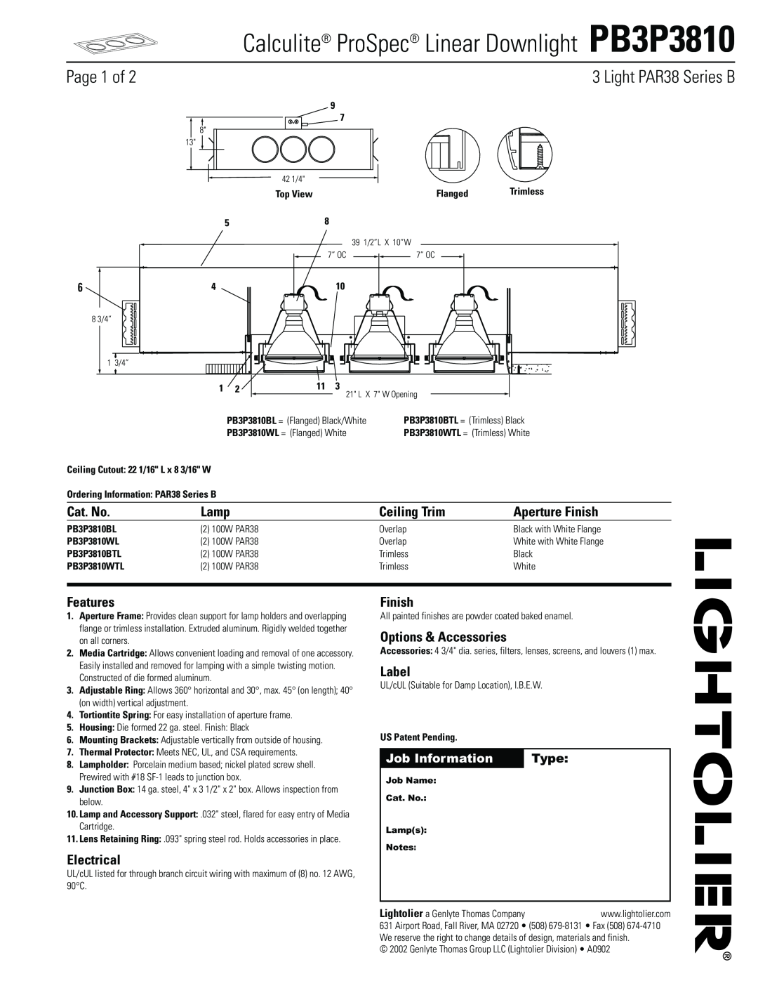 Lightolier PB3P3810 manual Light PAR38 Series B, Cat. No, Lamp, Ceiling Trim, Aperture Finish, Features, Electrical, Label 