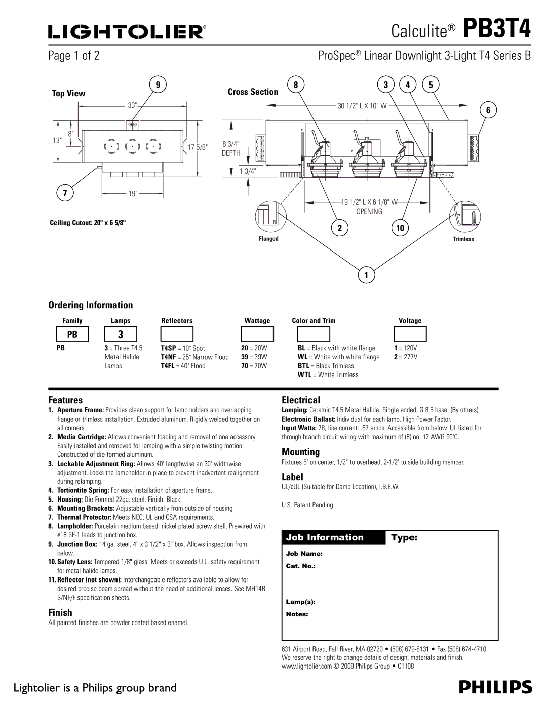 Lightolier PB3T4 manual Ordering Information, Features, Finish, Electrical, Mounting, Label 