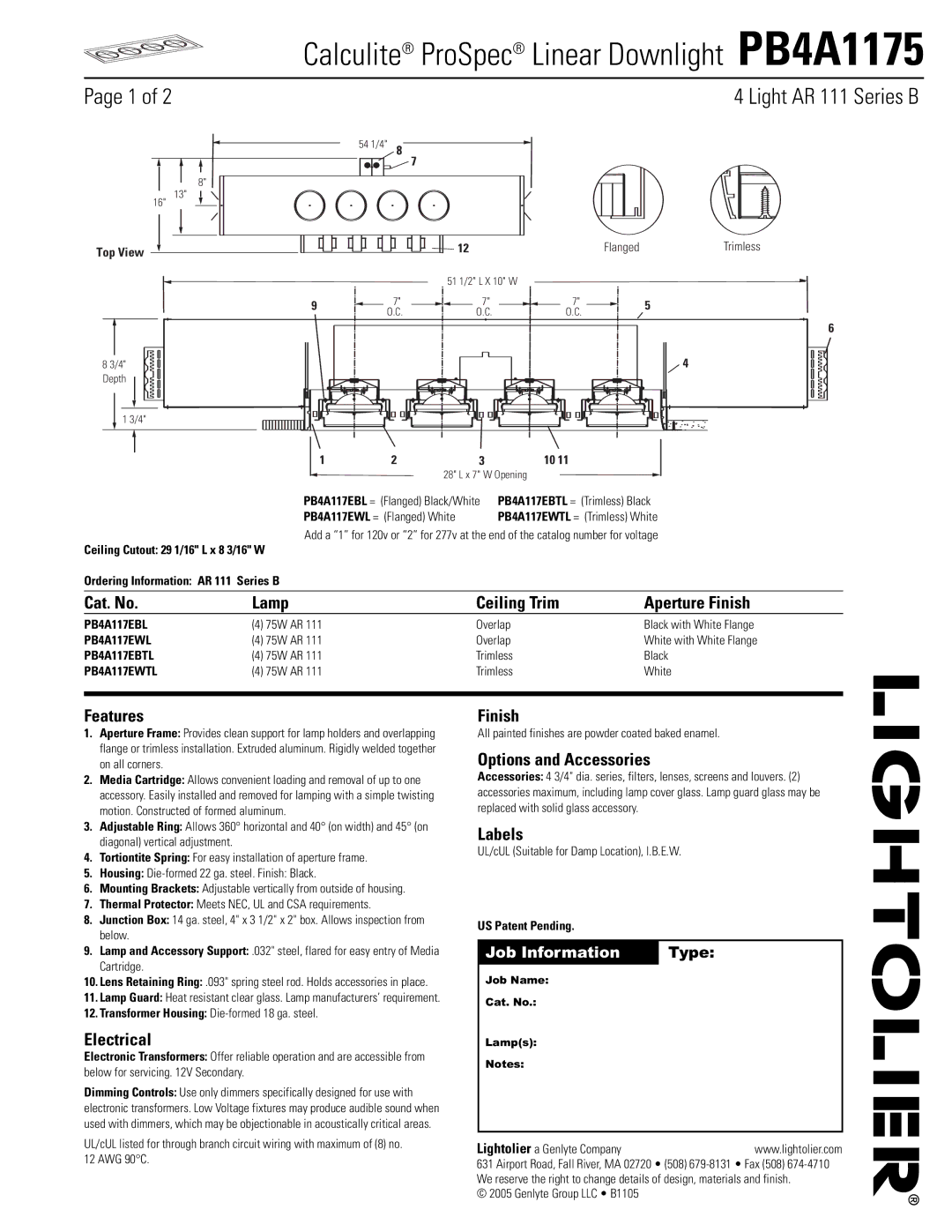 Lightolier PB4A1175 manual Cat. No Lamp Ceiling Trim Aperture Finish, Features, Electrical, Options and Accessories 