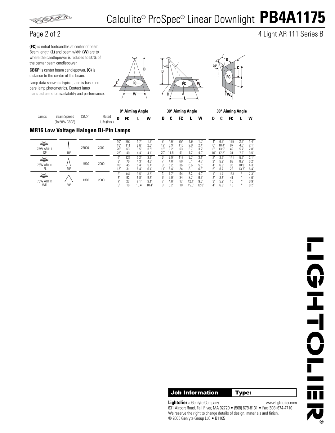 Lightolier PB4A1175 manual MR16 Low Voltage Halogen Bi-Pin Lamps, Lightolier a Genlyte Company 