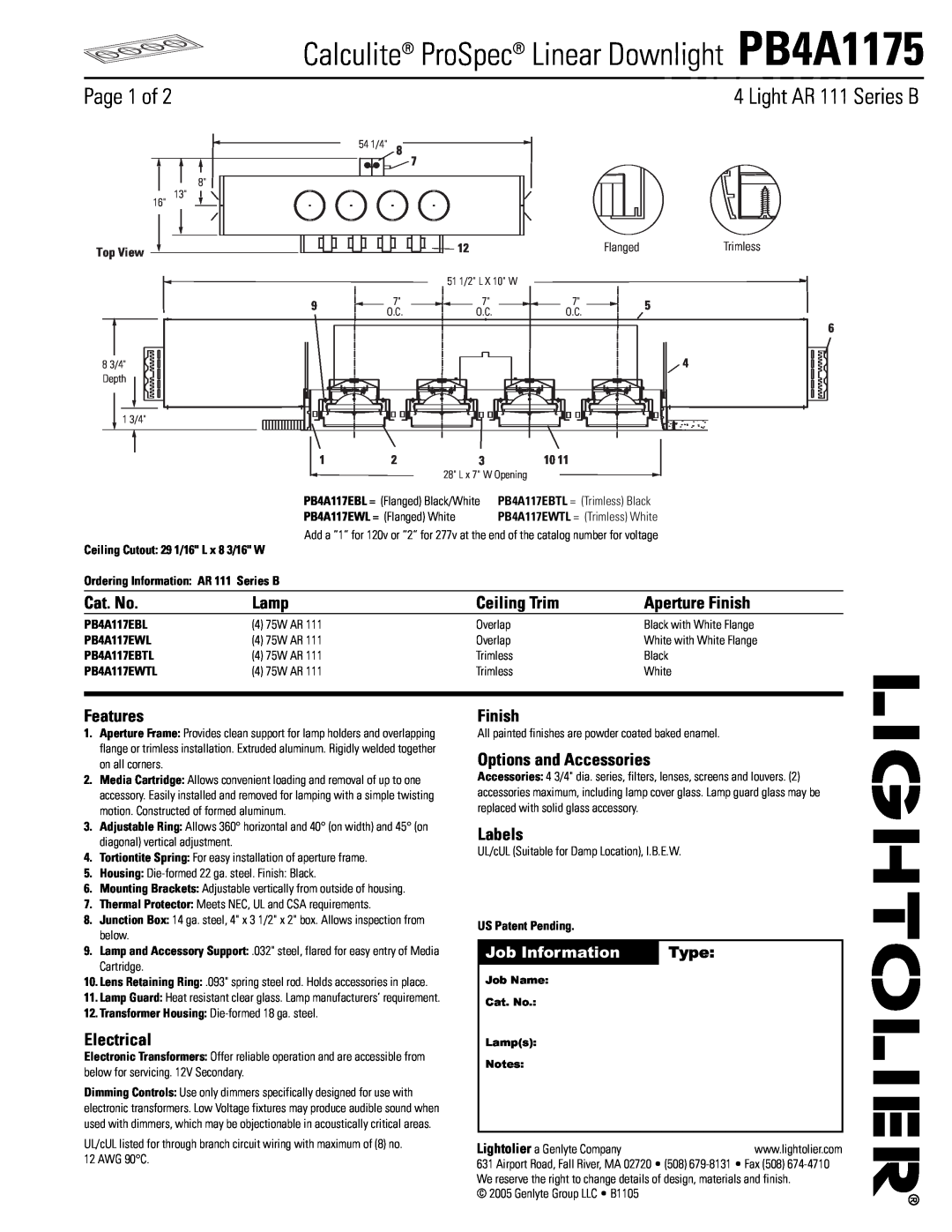 Lightolier manual Calculite ProSpec Linear Downlight PB4A1175, Page 1 of, Light AR 111 Series B, Cat. No, Lamp, Finish 
