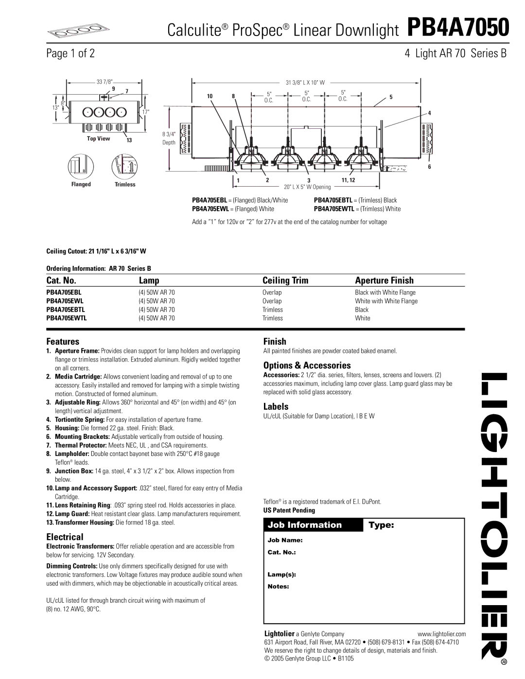 Lightolier PB4A7050 manual Cat. No Lamp Ceiling Trim Aperture Finish, Features, Electrical, Options & Accessories, Labels 